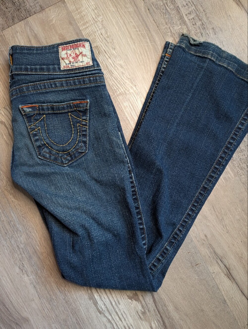 True Religion Emma Flare Dark Wash Blue Jeans with Embroidered Back Pocket